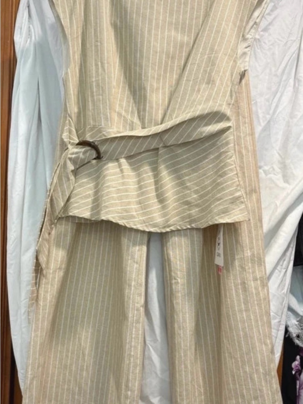 Cider Beige Pinstripe Wide-Leg Pantsuit with Tie Detail